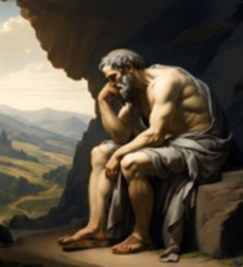 Classical oil painting of a seated, draped man resting his head on his hand beneath a rocky overhang, with a sunlit valley beyond