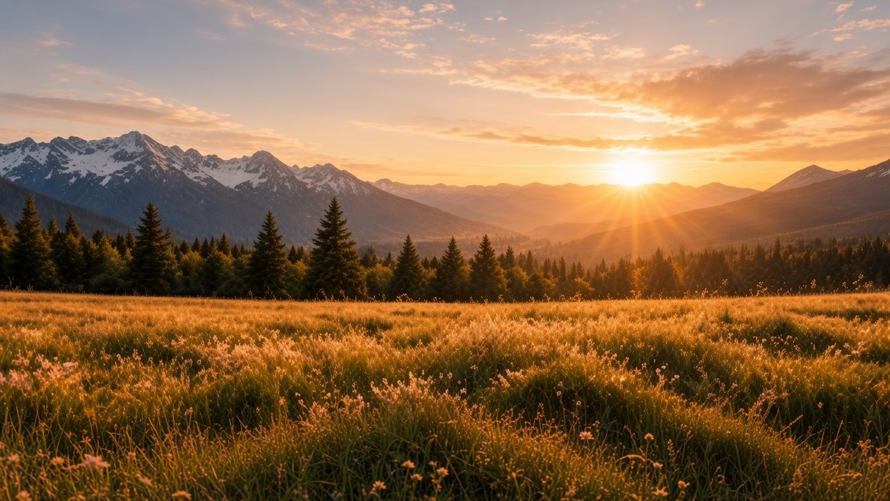A golden meadow at sunset with evergreen trees and snow-dusted mountains in the distance