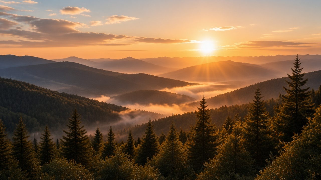 The sun setting over misty forested mountain valleys, with evergreen trees in the foreground