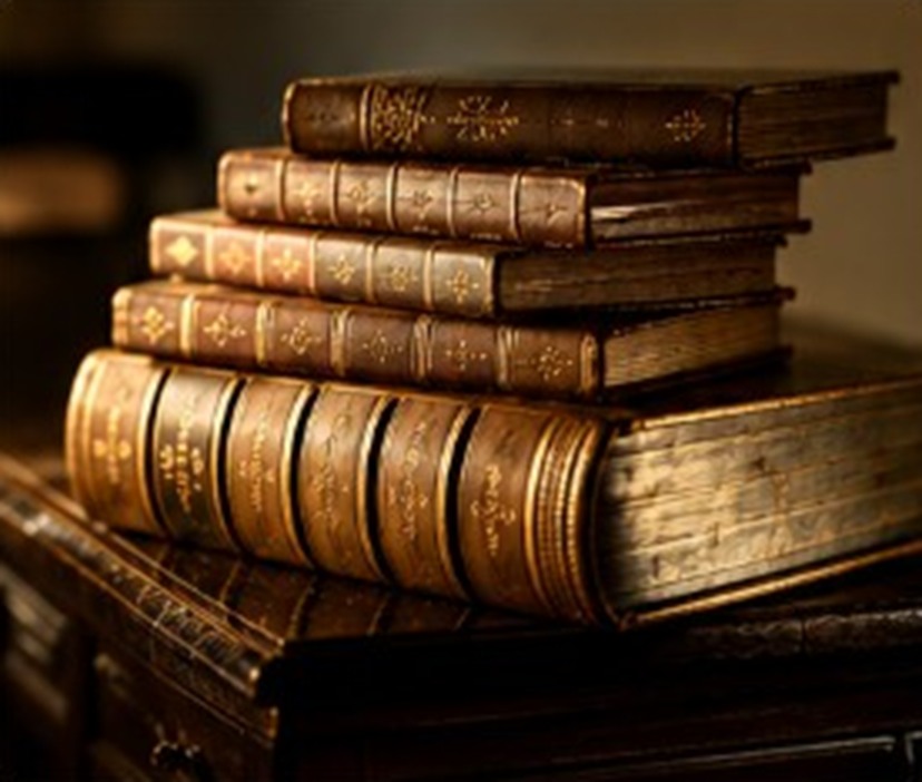 A stack of antique leather-bound books with gold-embossed spines in warm light