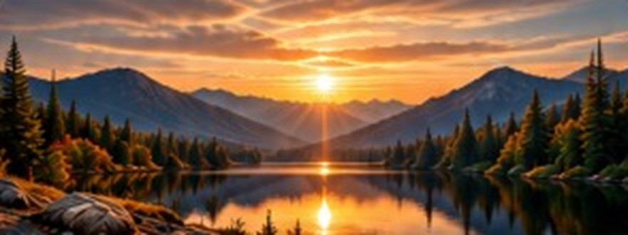 The sun setting over a mountain lake framed by evergreen trees