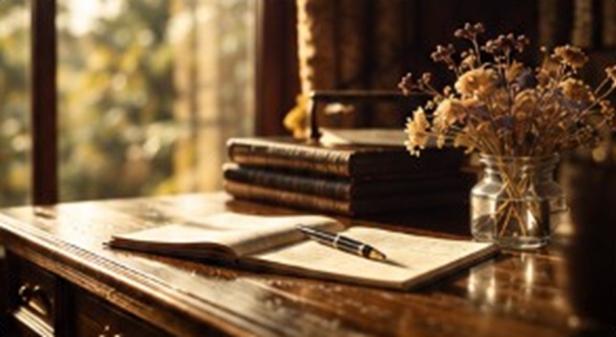 A vintage wooden writing desk by a window with an open notebook, a pen, old books and a small vase of dried flowers