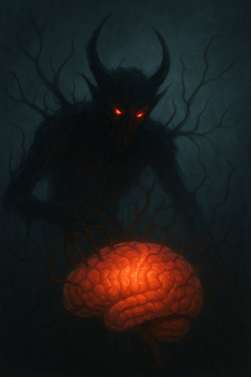 A horned shadow figure reaching toward a glowing brain