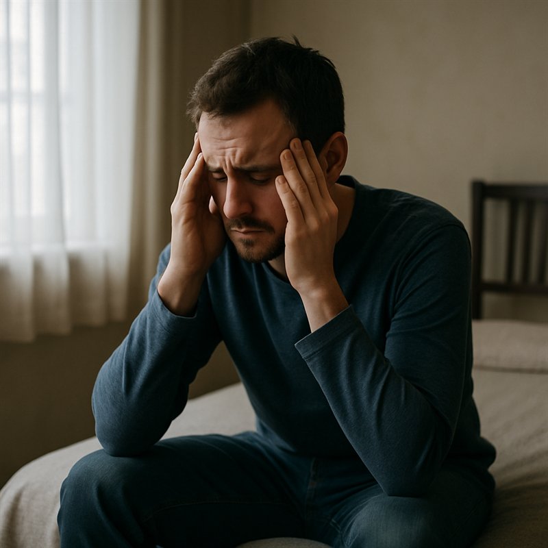 A man sitting on a bed with his head in his hands