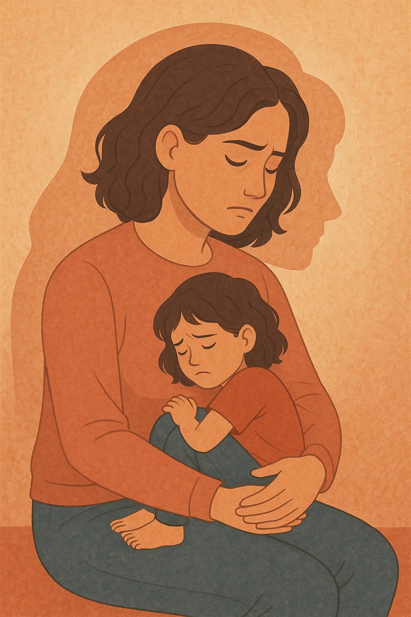 An illustrated adult holding a sad child while a larger shadow of the adult looks on