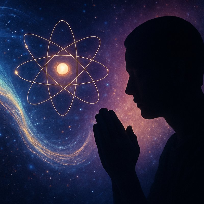 Silhouette of a person praying beside a glowing atom in a star field