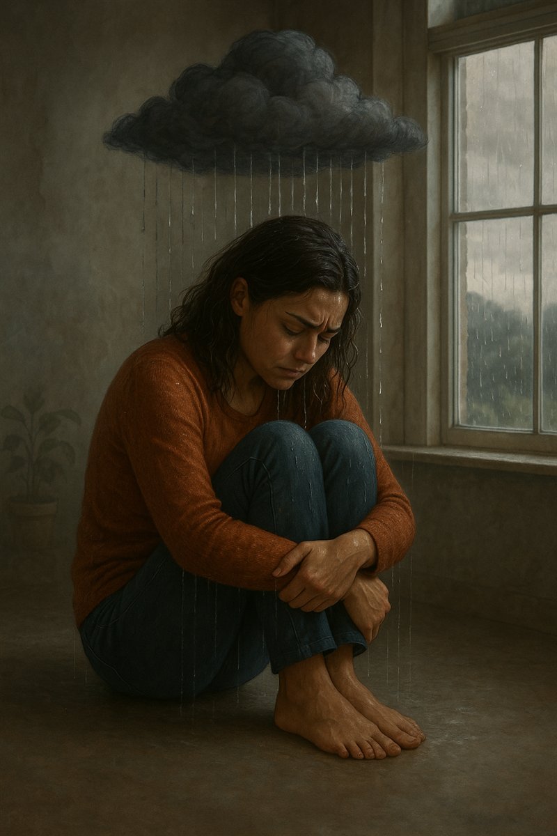 A woman sitting on the floor under a raining cloud