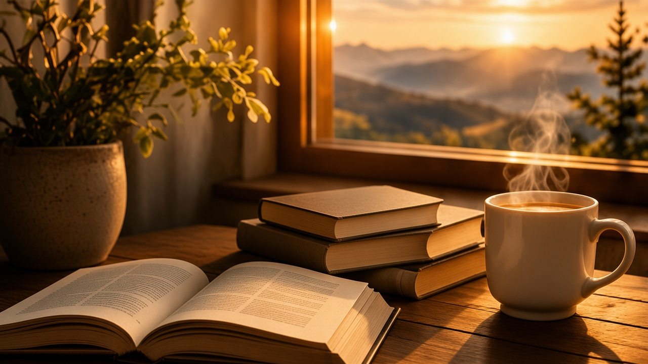 An open book, a stack of books and a steaming mug of coffee on a wooden table beside a window at sunset