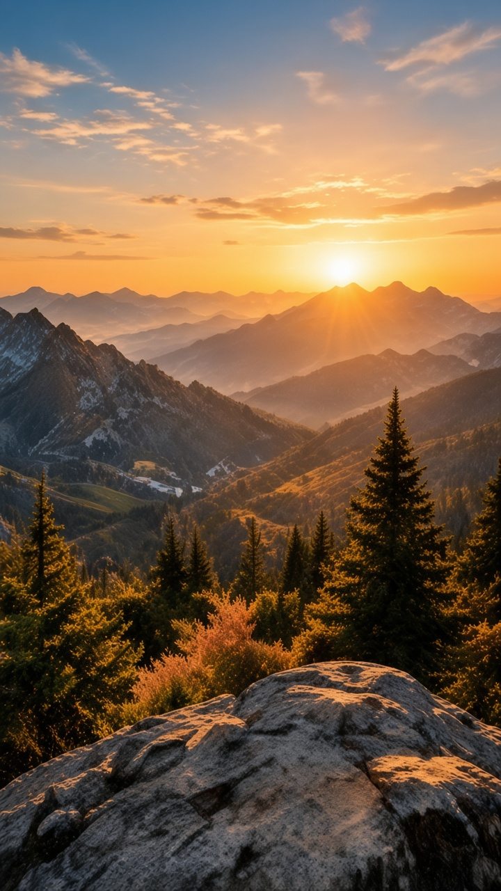 Golden sunset over layered mountain ridges, with pine trees and a rocky outcrop in the foreground