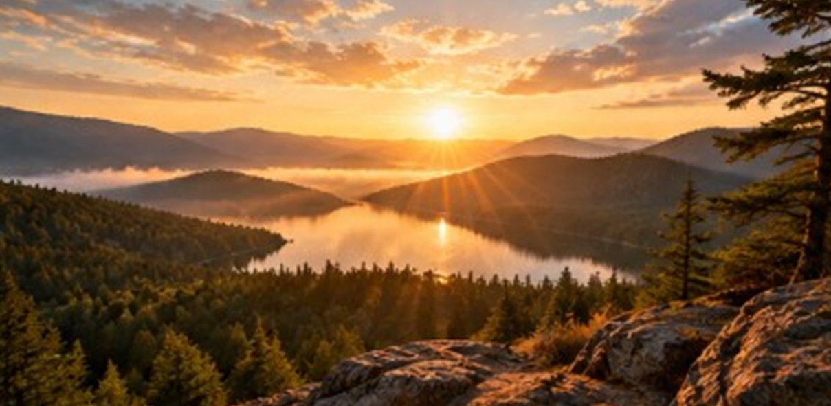 Golden sunset over a forested mountain lake, seen from a rocky overlook