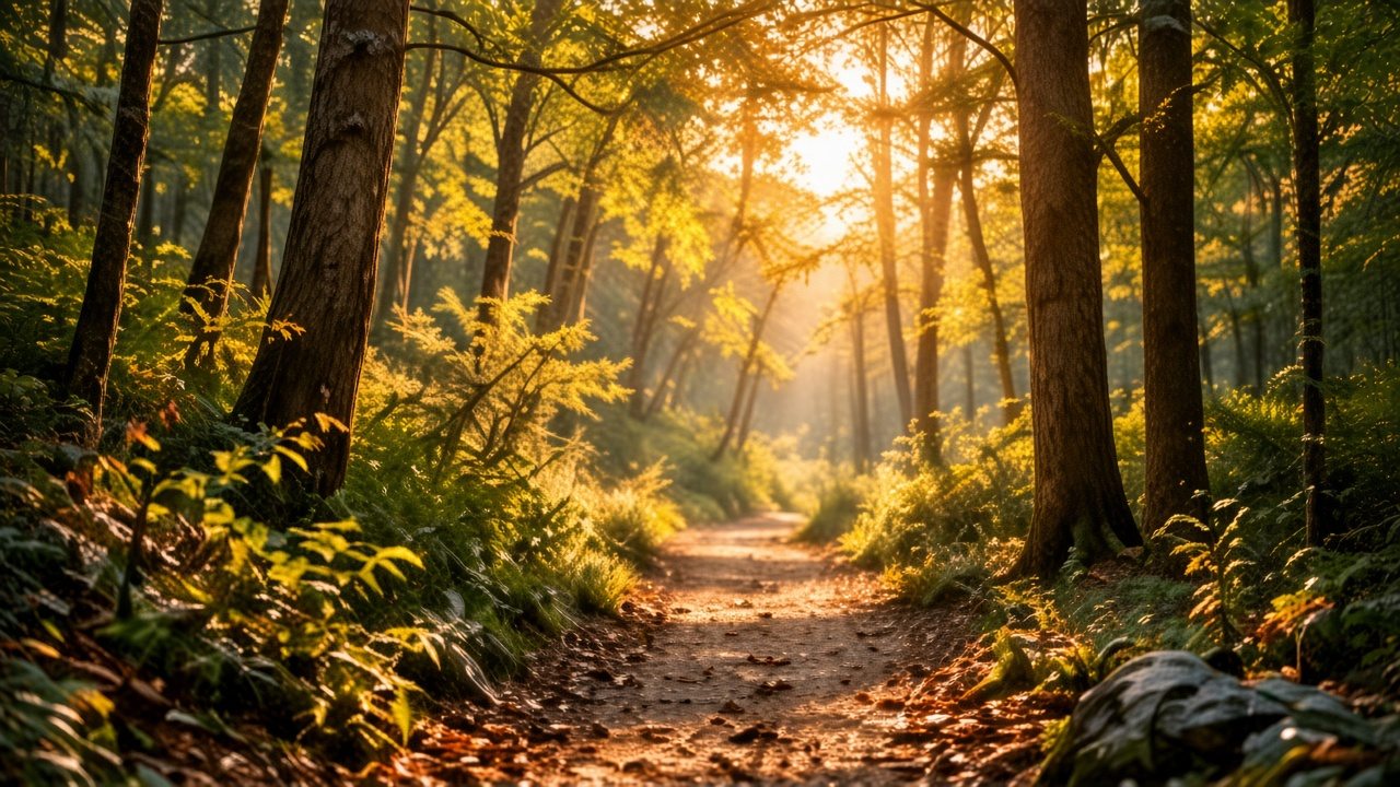 A quiet forest walking path with golden sunlight filtering through tall trees