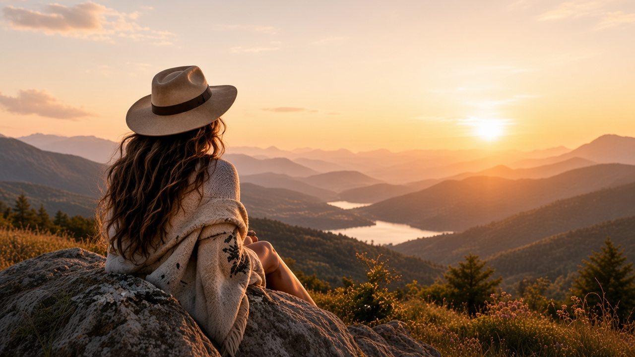 A woman in a brown hat sits on a hillside overlooking a golden mountain valley and lake at sunset