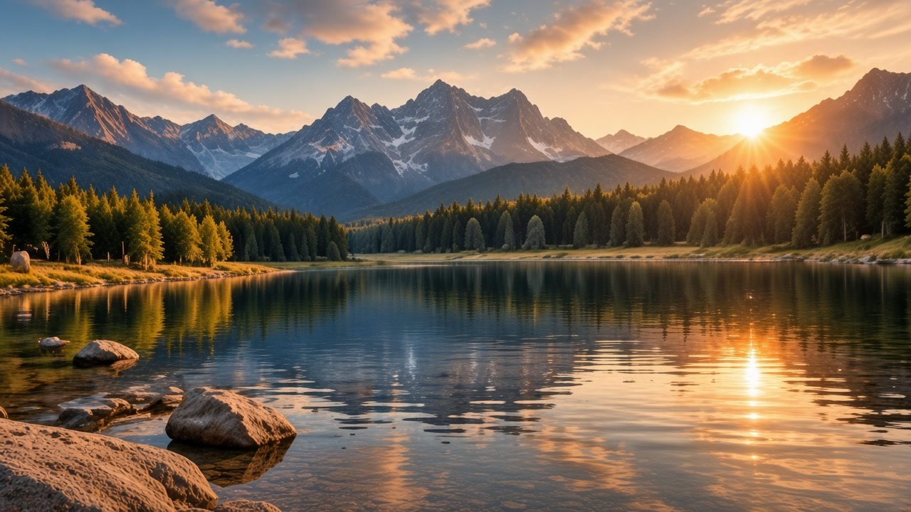 A calm mountain lake at sunset with evergreen trees along the shore and golden light on the water