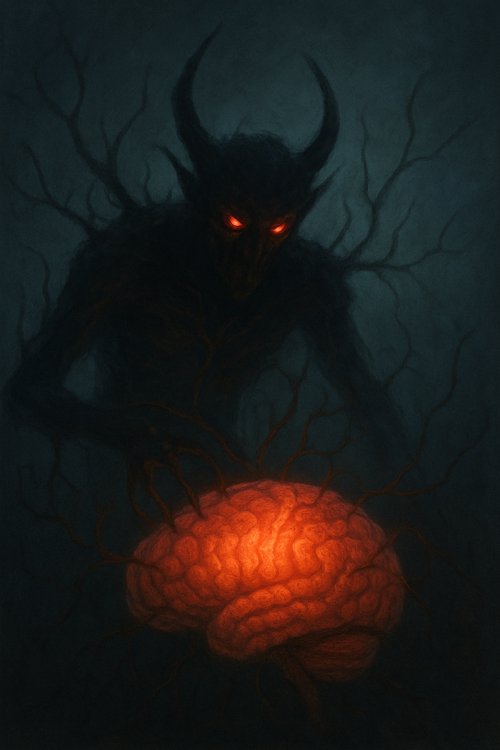 A horned shadow figure reaching toward a glowing brain