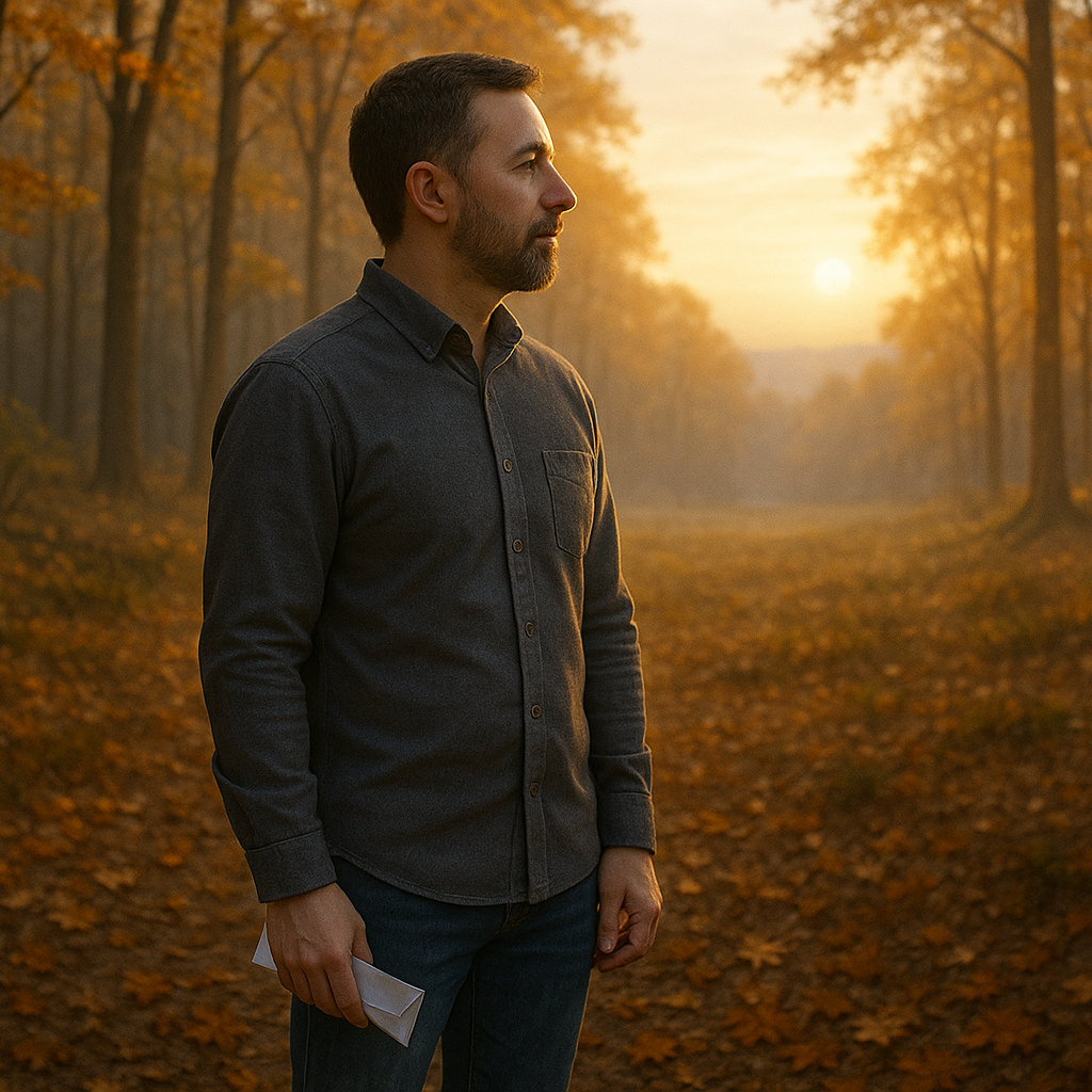 A man standing in an autumn forest at sunset, holding a piece of paper