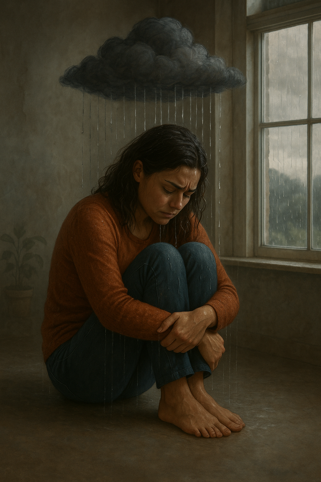 A woman sitting on the floor under a raining cloud